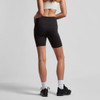 Black active bike shorts with a high waistband, featuring a logo, worn by a model from the back.