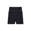 Black active bike shorts featuring a high waistband and pockets, with a logo present on the garment.