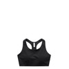 A black sports bra top featuring a sleek design and a logo. Ideal for active wear.