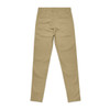 A pair of tan pants with a slim fit, featuring rear pockets and a logo tag.