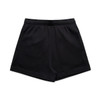 Black track shorts with an elastic waistband and a simple design. The shorts have a branding logo on them.
