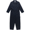 A navy blue canvas coverall with long sleeves, a zip front, and pockets. It has a logo on it.