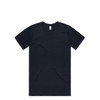 A navy blue organic t-shirt with short sleeves and a branding label on the neck.