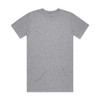 A grey T-shirt featuring short sleeves and a crew neck design, with a logo on the inside label.