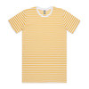 A striped tee in white and yellow, featuring a crew neckline and short sleeves. Includes a logo.