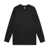 A long-sleeve T-shirt in black, featuring a crew neck and a label tag at the neckline. It has a simple design.