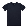 A navy basic t-shirt featuring a crew neck and short sleeves, with a label on the neckline.