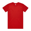 A red basic tee shirt with short sleeves and a crew neckline. It features a brand label at the neck.
