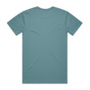 A teal t-shirt featuring a plain back design and a logo on the label.