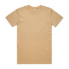 A plain short-sleeve t-shirt in a sandy beige colour, featuring a logo on the label.