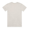 A plain beige t-shirt with a crew neck and short sleeves, featuring a logo on the back.