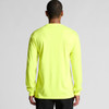 A long-sleeve work tee in vibrant neon yellow, featuring a logo on the back.