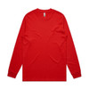 A red long-sleeve T-shirt with a round neck and fitted cuffs. It features a logo on the label.