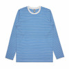 A long-sleeve T-shirt featuring blue and white horizontal stripes, with a round neckline and a logo on the label.