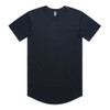 A navy blue T-shirt with a curved hem and short sleeves, featuring a logo on the chest area.
