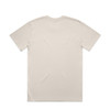 A beige t-shirt featuring short sleeves and a plain back. The shirt has a logo at the neckline.