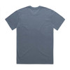 A faded blue t-shirt featuring a crew neck and short sleeves, with a logo on the back.