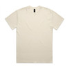 A cream-coloured heavy faded tee with a v-neck design and short sleeves. The shirt has a logo near the neckline.