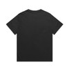A black T-shirt featuring a simple design and a small logo on the back.