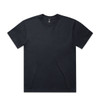 A plain black T-shirt with a crew neckline and short sleeves, featuring a logo on the label.