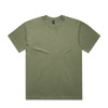 A faded green t-shirt with a round neck, short sleeves, and a branding logo.