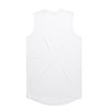 A white sleeveless tank top with a curved hem, featuring a branding logo on the back.