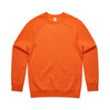 An orange jumper with a round neckline and long sleeves, featuring a logo on the inside label.
