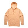 A peach-coloured hoodie featuring a front pocket and a drawstring hood, with a logo on the front.