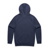 A navy hoodie with a kangaroo pocket and a hood, featuring a logo on the back.