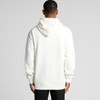 A white hoodie with a kangaroo pocket and a hood, featuring a logo on the back.