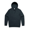 A dark navy hoodie featuring a front pocket and a drawstring hood, with a small logo on the label.