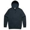 A dark green hoodie featuring a front pocket and a drawstring hood, with a branding label inside.