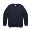 A navy blue sweater featuring long sleeves and a round neckline, with a logo on the label.