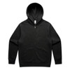 A black zip-up hoodie featuring a front pocket and a hood. It has a logo on the label.