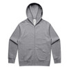 A grey zip-up hoodie with a front pocket and a hood, featuring a logo on the label.