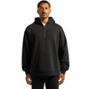 A black half zip hoodie with a front pocket and a drawstring hood, featuring a logo on the chest.