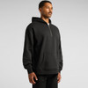 A black half zip hoodie featuring a front pocket and a hood, presented on a model against a grey background.