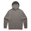 A faded green hoodie with a front pocket and a drawstring hood. It features a logo on the front.