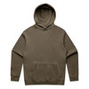 A faded olive green hoodie with a front pocket and an attached hood, featuring a logo on the design.