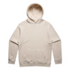 A beige hoodie with a front pocket and a drawstring hood. It features a logo on a sleeve.