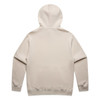A beige hoodie featuring a hood and long sleeves. It has a plain back design and includes a logo.
