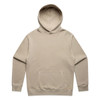A beige hoodie with a front pocket and a hood, featuring a logo on the design.