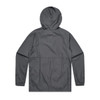 A grey windbreaker jacket with a hood and long sleeves, featuring a simple design and elastic cuffs.