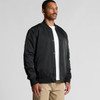 A black bomber jacket with a classic design, featuring a front button closure and ribbed cuffs, displayed on a model.