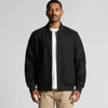 A black felt bomber jacket with a snap button front and ribbed cuffs, worn over a white T-shirt.