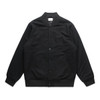 A black felt bomber jacket with a button-up front and side pockets. Includes a logo on the interior tag.
