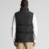 A black puffer vest with a high collar, featuring a simple design and a logo on the back.