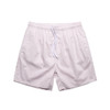Light pink beach shorts featuring an elastic waistband and drawstring, with a logo on the side.