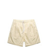 Light yellow beach shorts featuring an elastic waistband and drawstring, with a logo on the side.