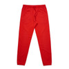 Red track pants featuring an elastic waistband and a logo.